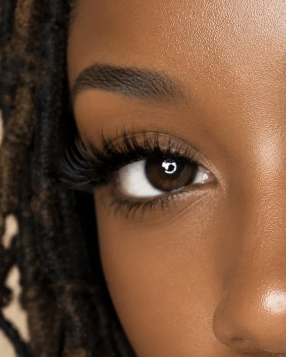     Close-up of custom volume lash extensions with a soft, full finish at Flaunt & Flutter Lashery.
