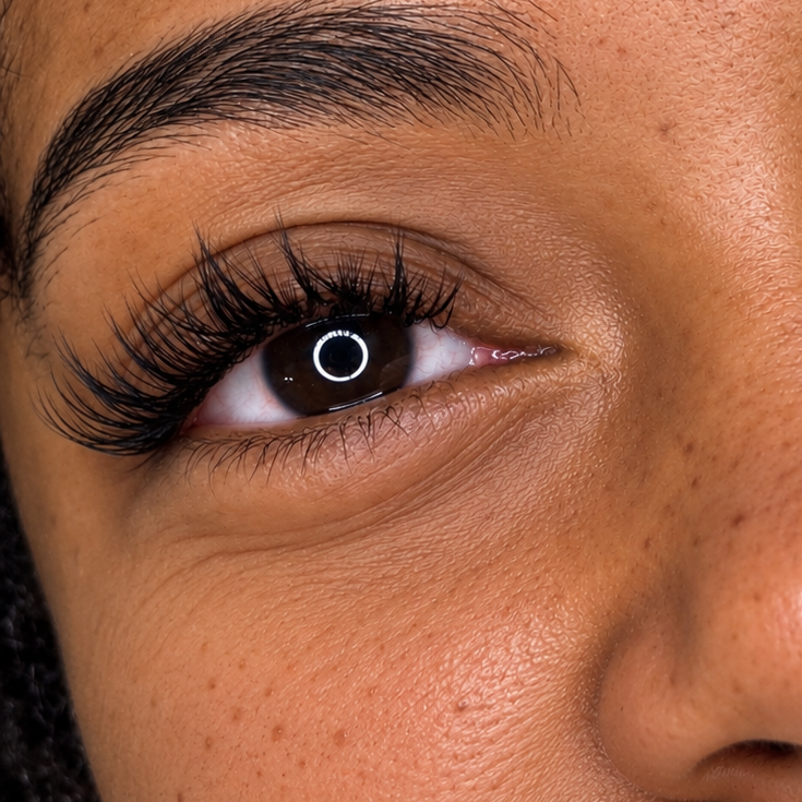     Close-up of wispy lash extensions with soft textured definition by a York, PA lash artist.