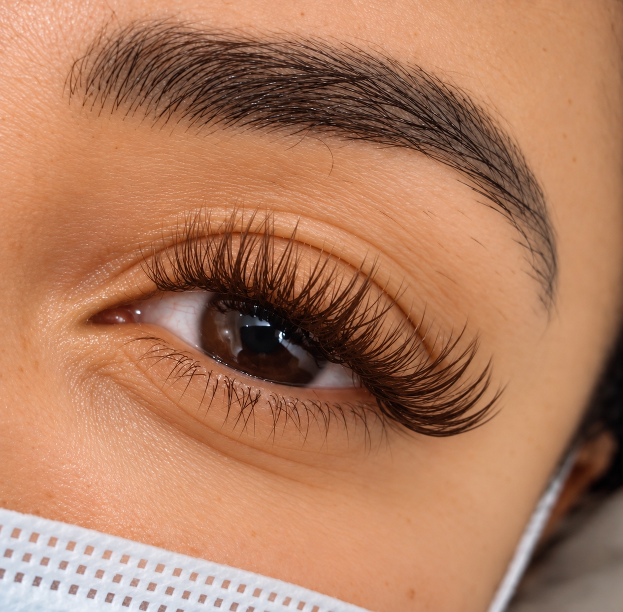     Close-up of soft brown lash extensions customized to complement the client’s features.