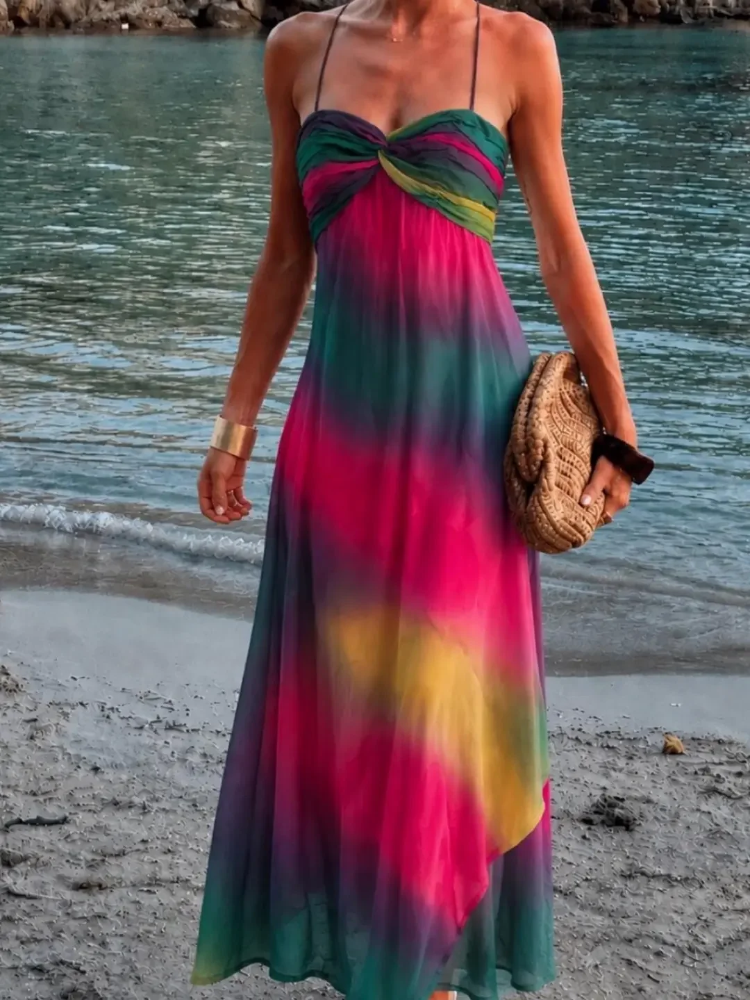 Silk Rainbow Multicolor Y2K Monsoon Maxi Dress szXS
