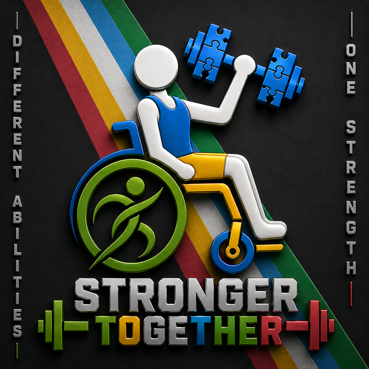 A stylized icon of a person in a wheelchair lifting a blue dumbbell, with the words "Stronger Together" below, colorful diagonal stripes in background, and text "Different Abilities" on the left and "One Strength" on the right.