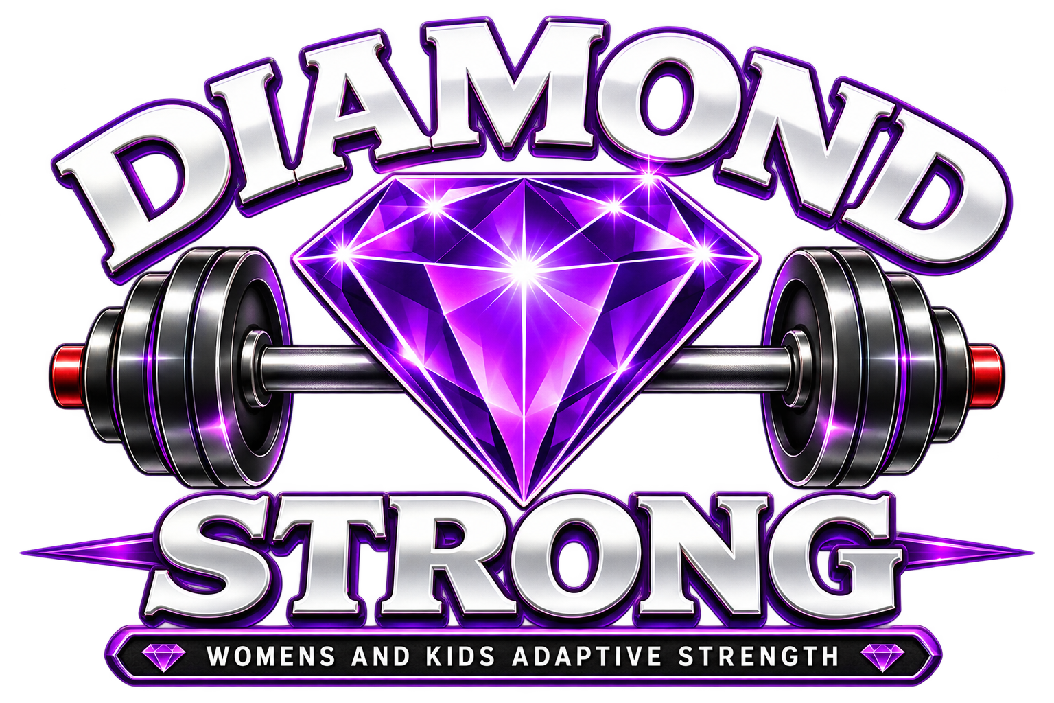 A graphic with the words 'Diamond Strong' in large, shiny silver letters, a large purple diamond at the center, and a barbell with weights on each side behind the diamond. Additional text at the bottom reads 'Womens and Kids Adaptive Strength'.