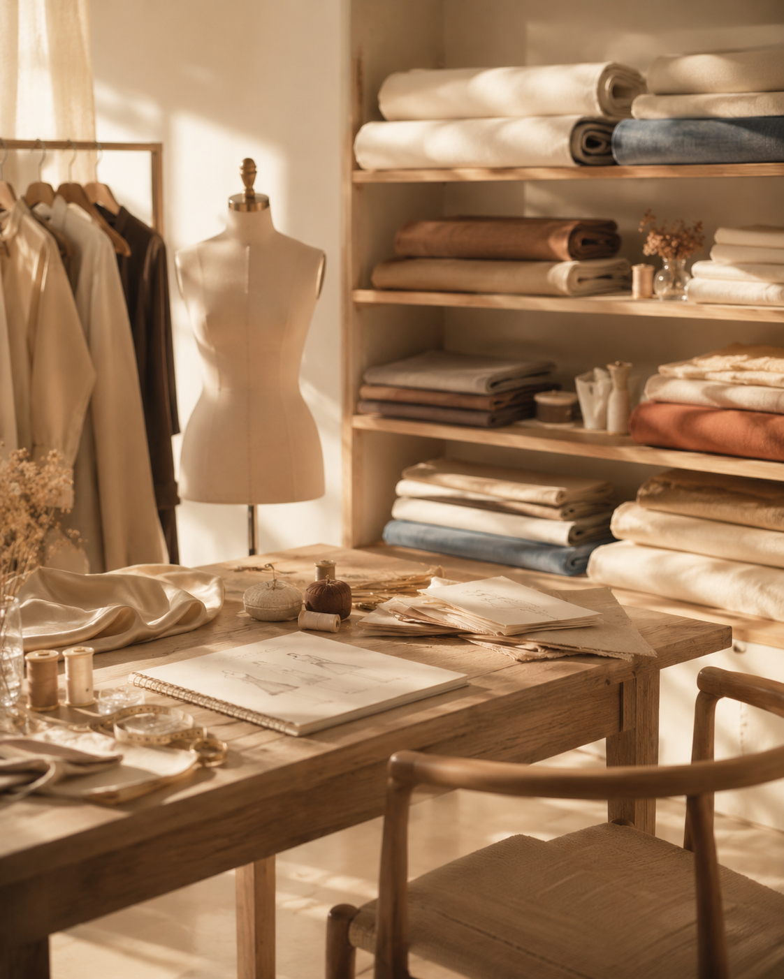 Vista de un taller de costura con telas dobladas en estantes y un maniquí, además de una mesa con bocetos, hilos y herramientas de costura, todo en un ambiente cálido y bien iluminado.
