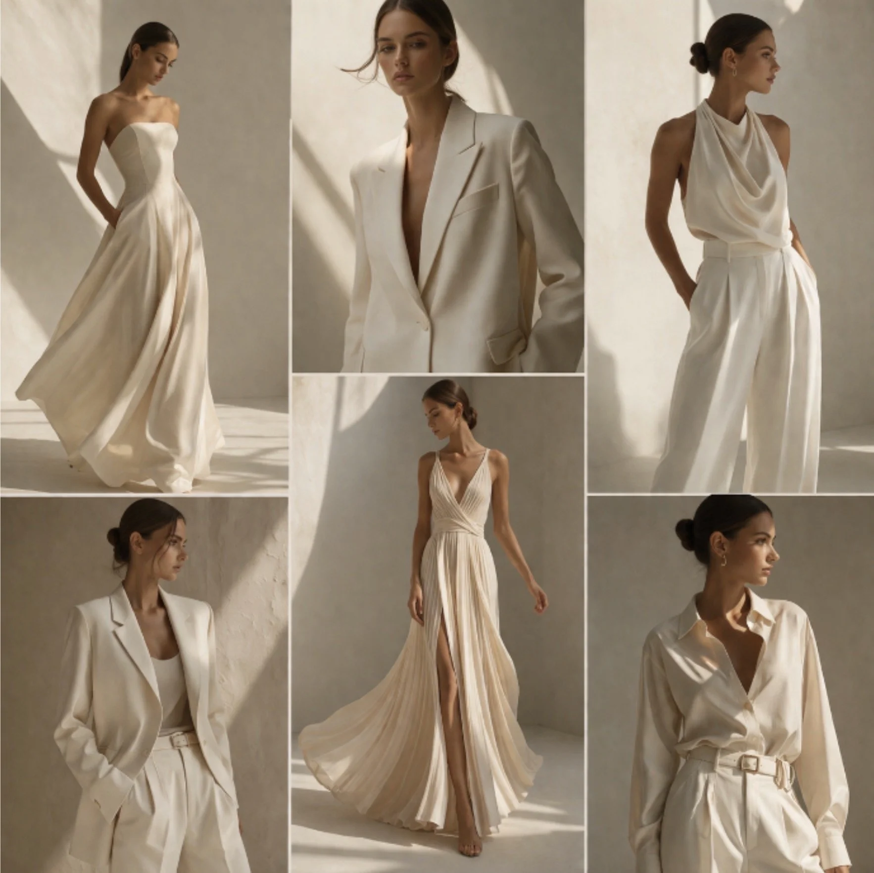 Varias modelos luciendo ropa elegante en fotos de moda, con fondos neutros y luces suaves.