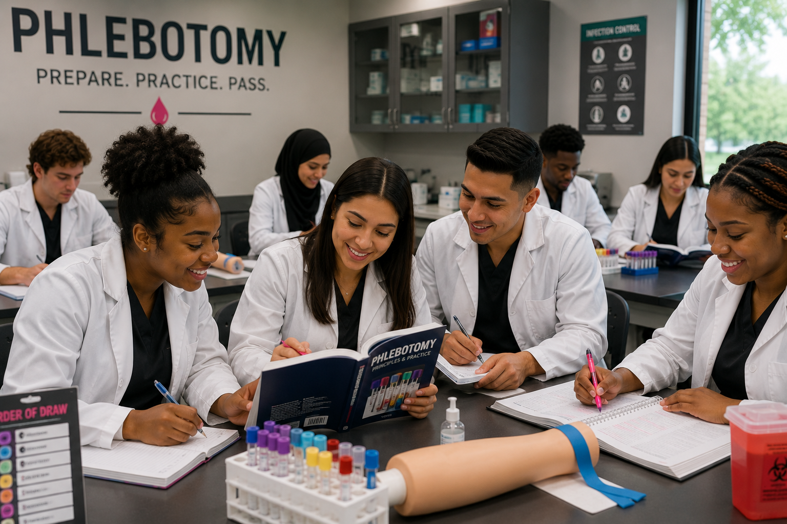Group of diverse students in lab coats studying together in a classroom, with lab equipment and educational posters on the wall.