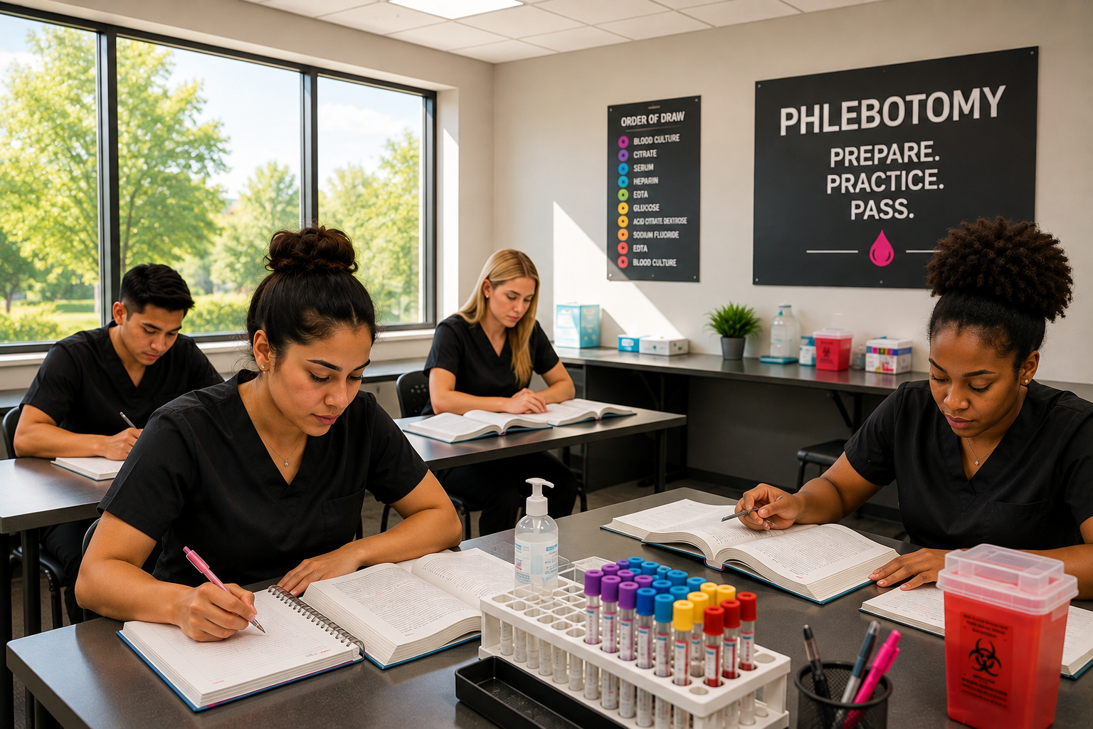 Four students studying in a classroom with medical supplies on the table, including test tubes, books, and hand sanitizer, with educational posters on the wall.