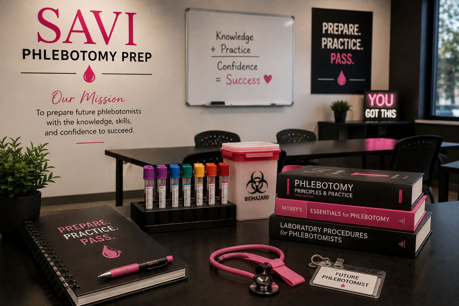 A classroom or training room with medical supplies and educational materials related to phlebotomy. There are test tubes, books on phlebotomy, a stethoscope, a biohazard container, and motivational posters about practice, knowledge, and confidence. A whiteboard displays a formula for success, and a sign says 'You got this.'