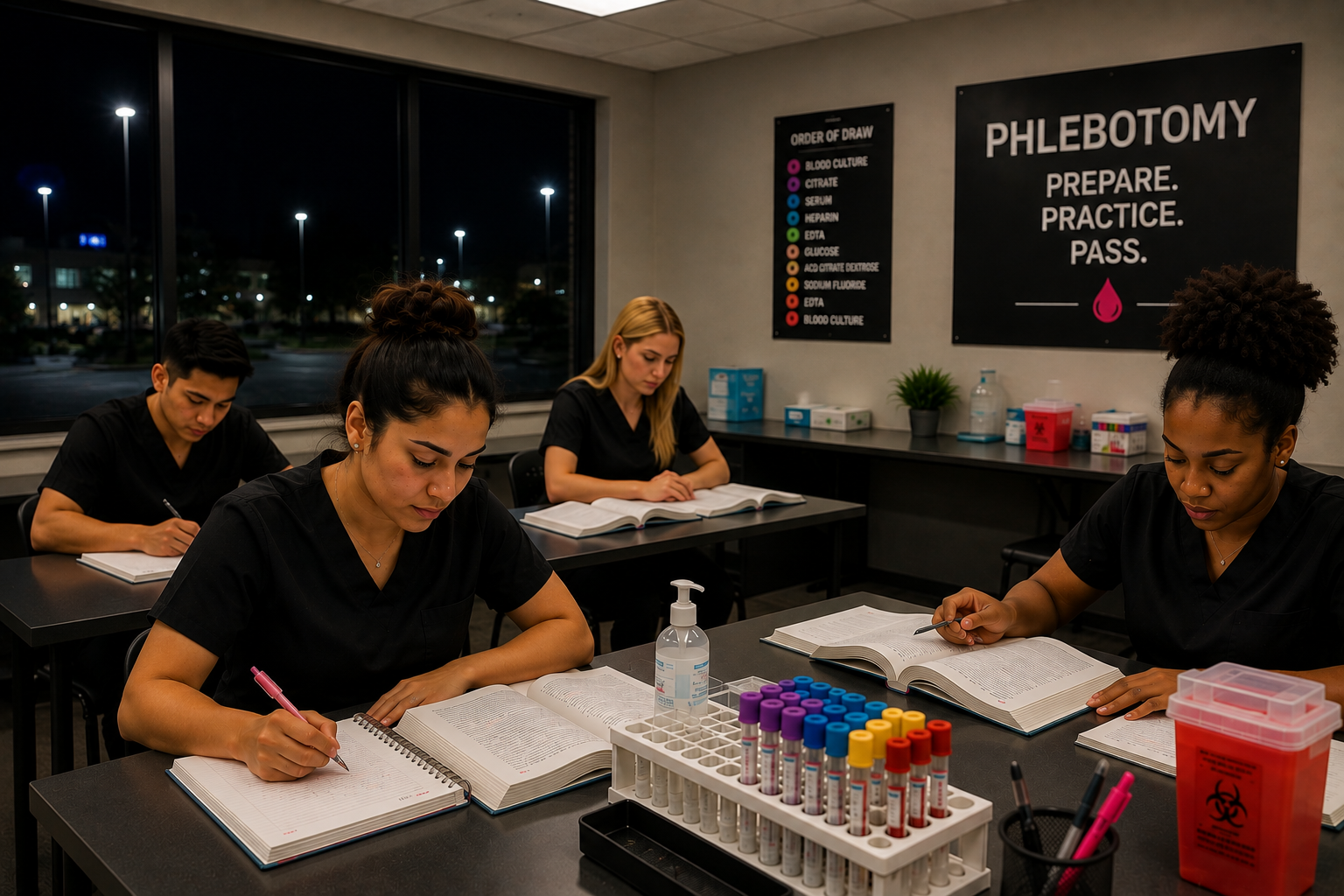 Four medical students in black scrubs studying at a table with textbooks, test tubes, and lab supplies in a classroom at night
