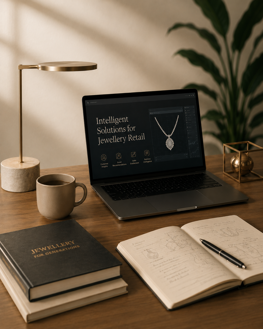 A workspace with a laptop displaying jewelry retail solutions, a coffee mug, an open notebook with sketches, a closed book titled 'Jewellery for Generations,' a modern desk lamp, and a decorative gold sphere inside a glass cube, with a large green plant in the background.