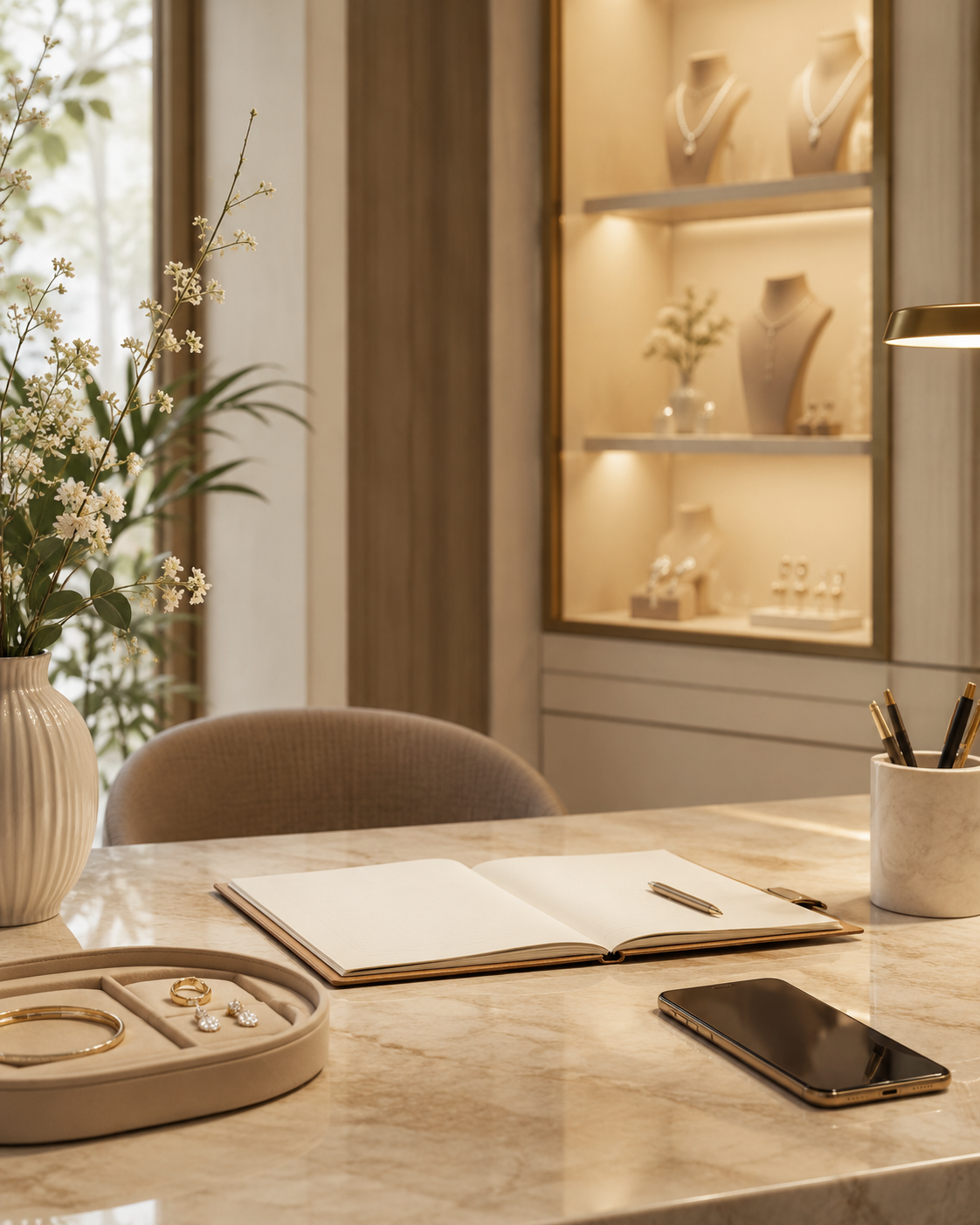 A jewelry display case with necklaces, earrings, and rings in a store. A marble table with an open notebook, pen, smartphone, and jewelry box. A vase with flowers and a window with natural light.