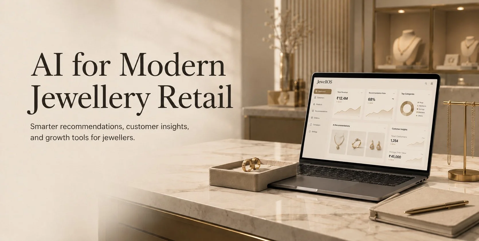 A retail display with jewelry, including rings and necklaces, alongside a laptop showing jewelry retail analytics, on a marble countertop in a store with glass display cases in the background.