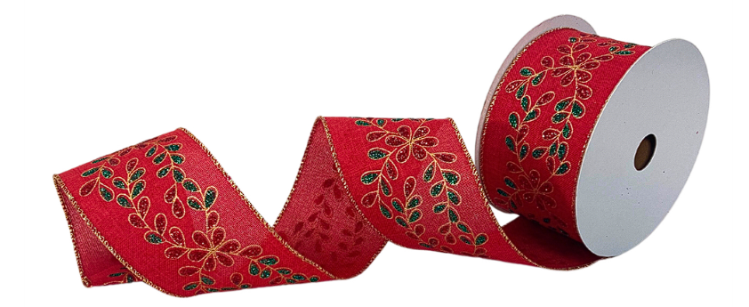 Elegant Glitz Foliage Leaf Red Faux Linen Ribbon 2.5" x 10yd