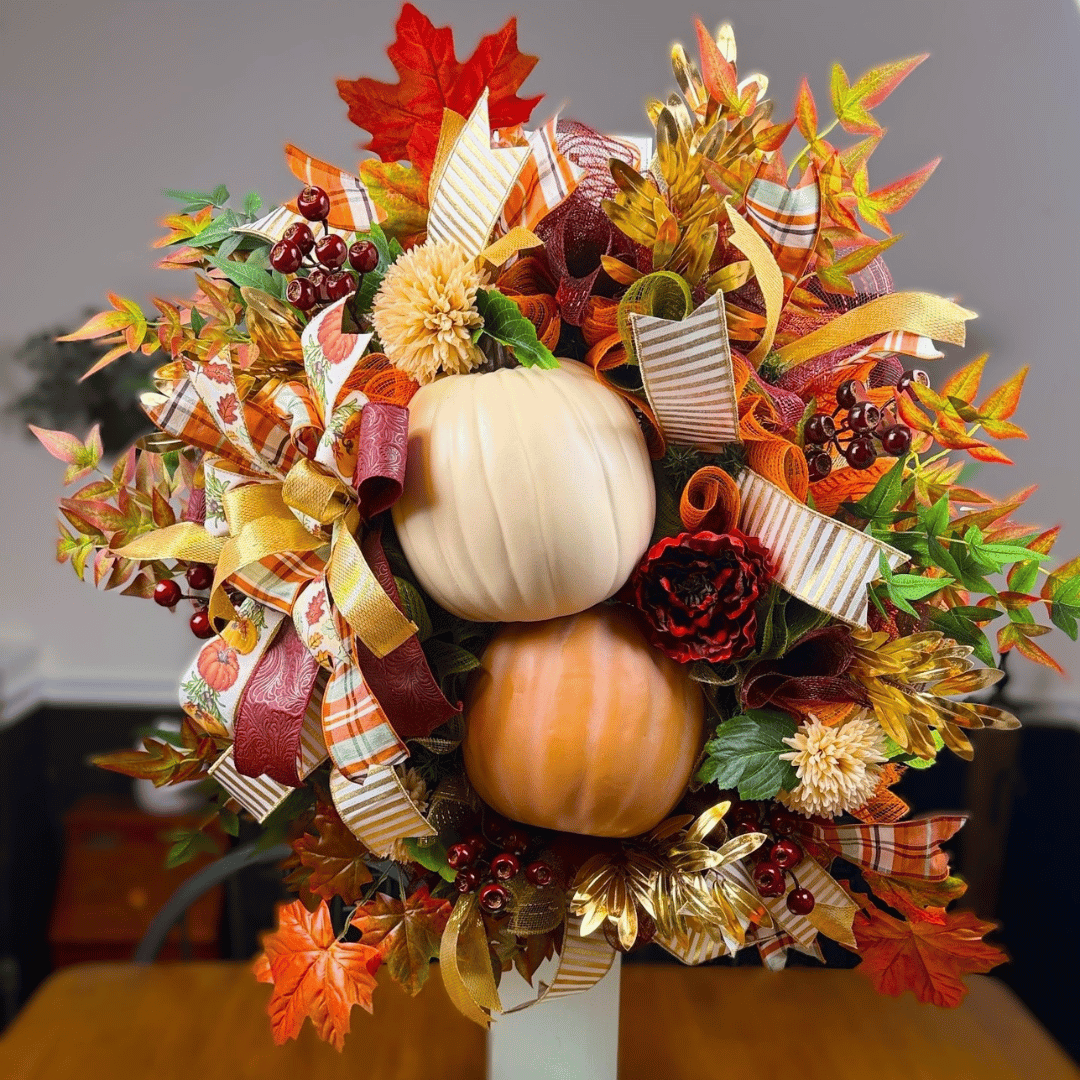 Autumn Harvest Pumpkin Floral Wreath – One‑of‑a‑Kind