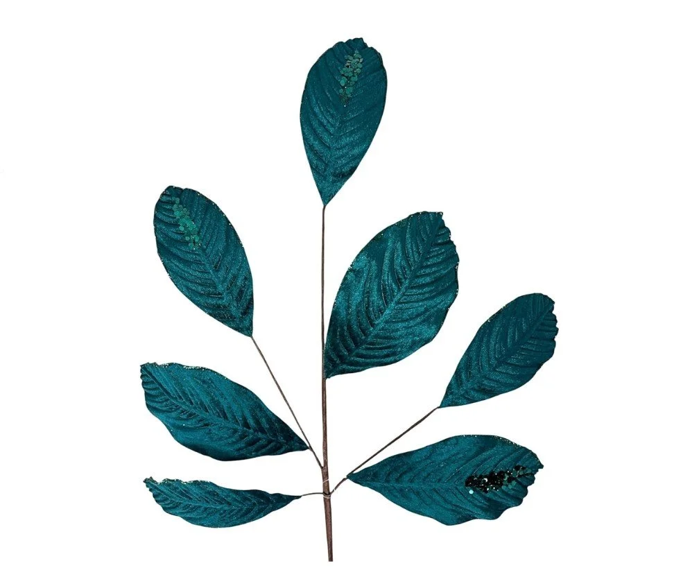 Velvet Magnolia Leaf W/ Sequins 26'' - Dark Teal