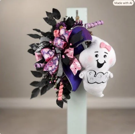 Pink Ghost “BOO” Halloween Wreath – Whimsical Handmade Door Décor