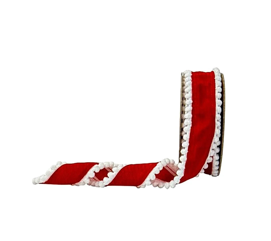 Unwired Red Ribbon with White Pom-Pom Edge 1.5