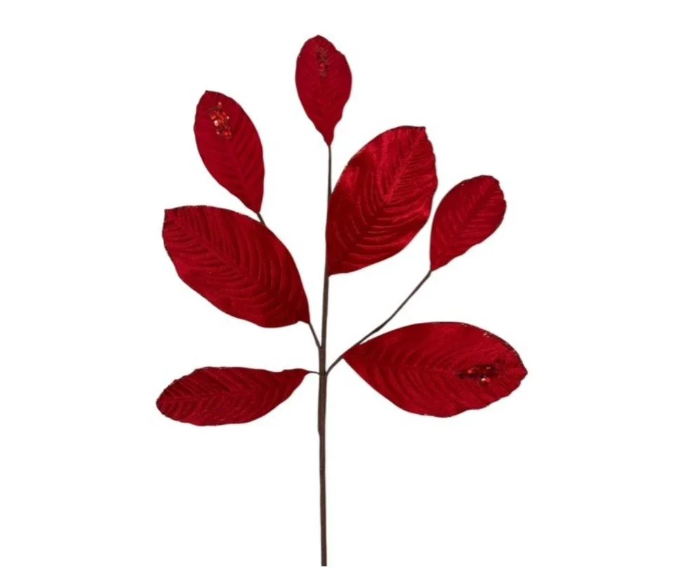 Velvet Magnolia Leaf W/ Sequins 26'' - Red