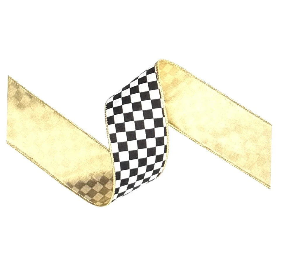 Black/White Check with Gold Backing Ribbon 2.5 in. w x 10 yds.