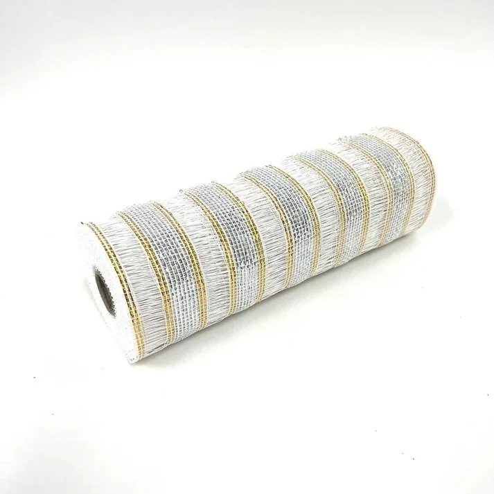 White - Deco Mesh Eyelash Metallic Stripes - 10 Inch x 10 Yards