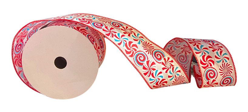 Yum Yum Yum Peppermint Candy Ribbon - White/Red/Aqua 2.5" x 10yd