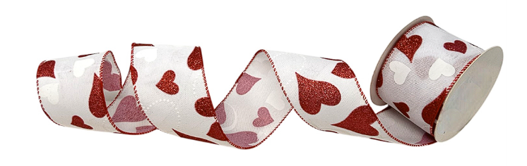 Glitter Red Hearts on White Ribbon 2.5''X10YD -Red/White