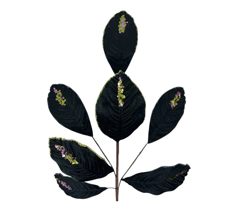 Velvet Magnolia Leaf W/ Sequins 26'' - Black