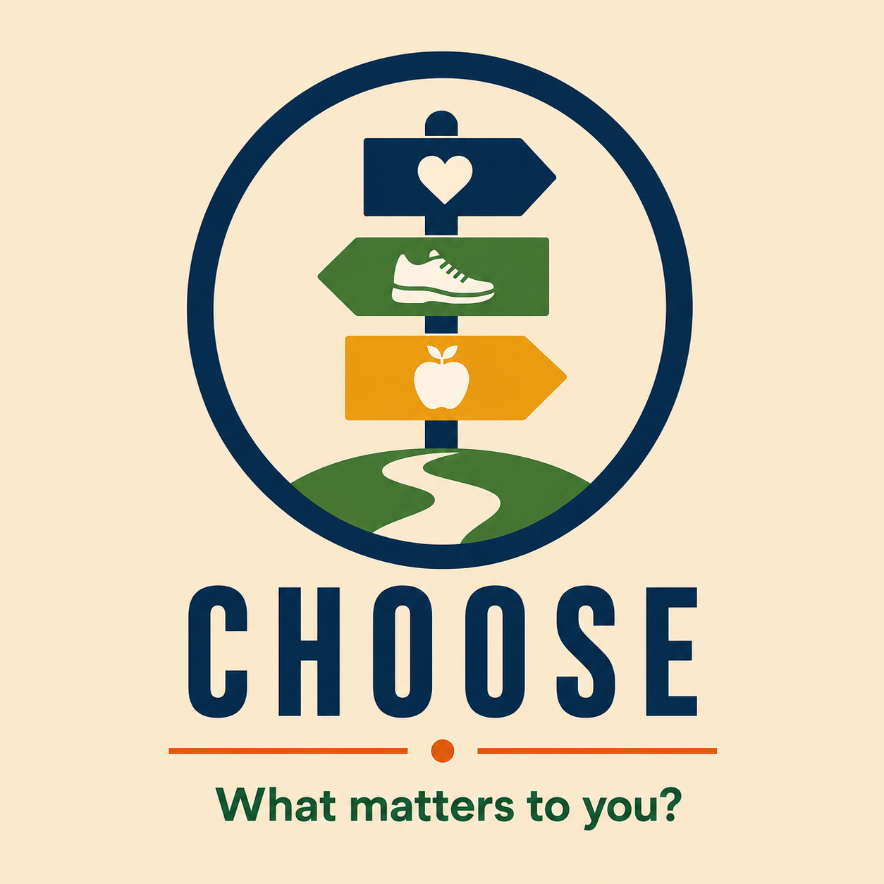 A sign with arrows pointing in different directions, each with symbols: a heart, a shoe, and an apple, inside a green landscape with a winding path. Text reads "CHOOSE" and "What matters to you?"