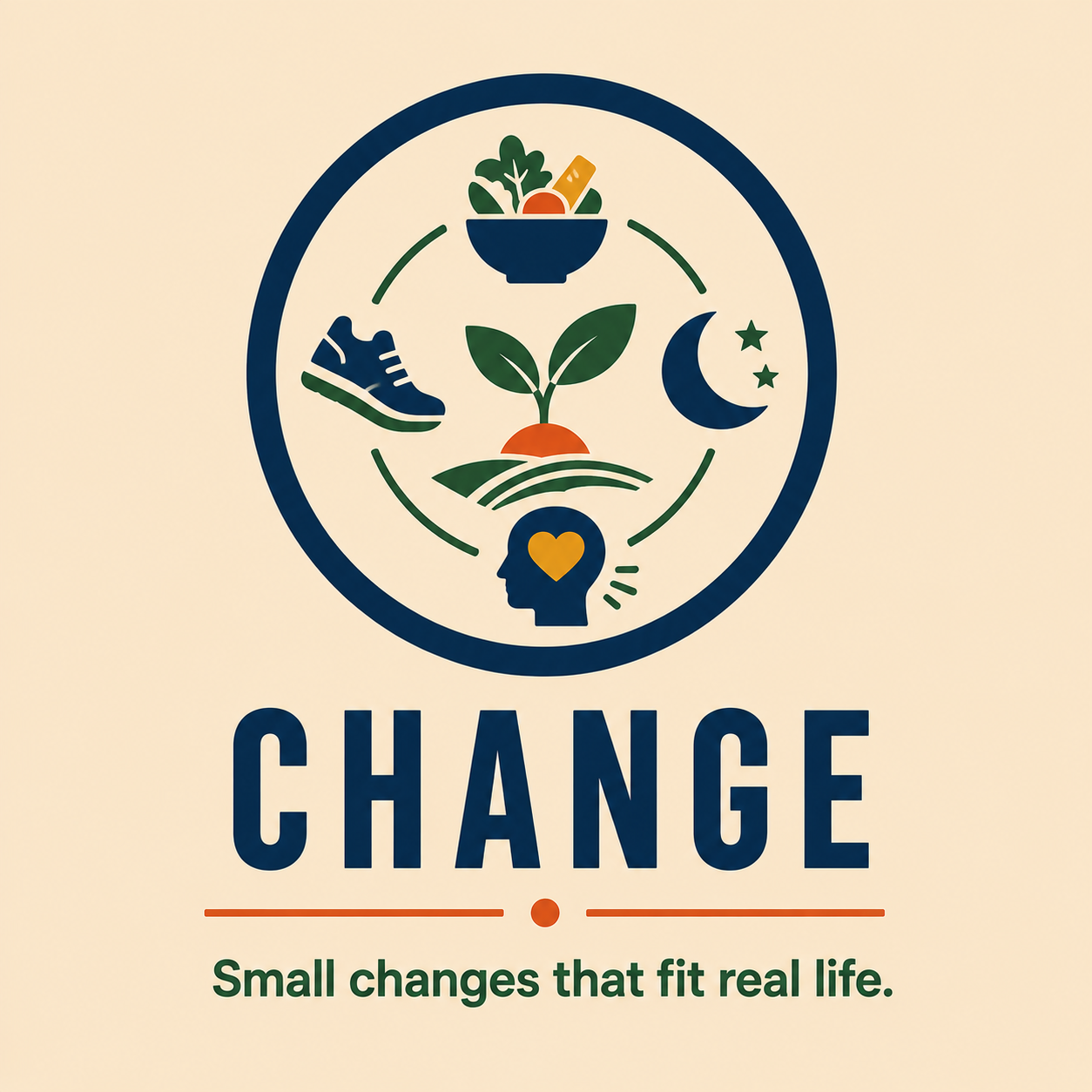 Logo with a circle containing icons of a bowl of vegetables, a sneaker, a plant, a moon and stars, and a human head with a heart. Below, the word 'CHANGE' is written, with the caption 'Small changes that fit real life.'