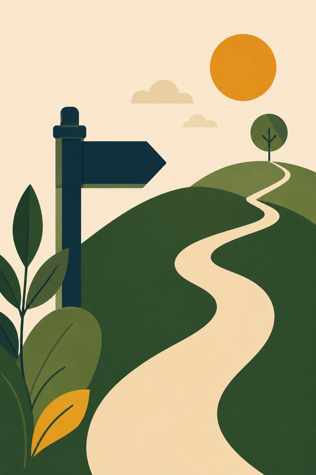Illustration of a winding path leading over a hill toward a tree, with a signpost on the left, against a background with the sun, clouds, and green foliage.