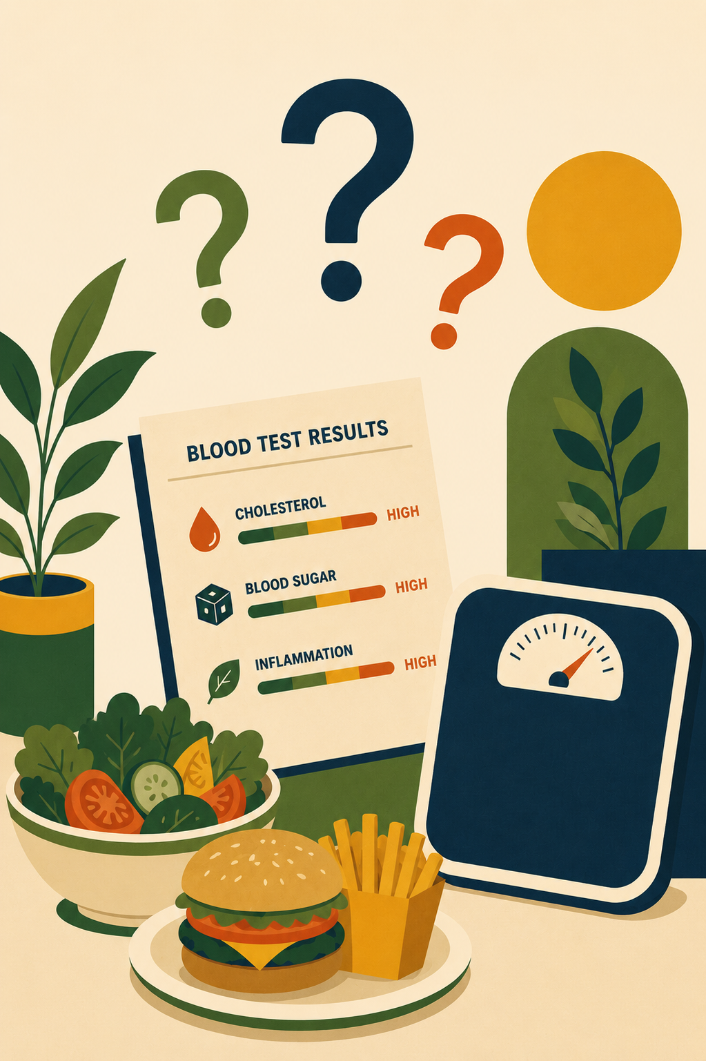 Illustration of a healthy lifestyle with a salad, burger and fries, a scale, and blood test results showing high cholesterol, blood sugar, and inflammation, surrounded by plants and question marks.