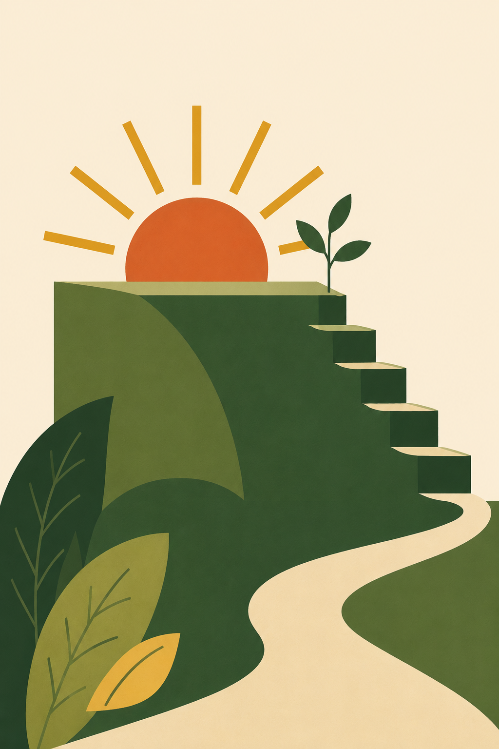 A simple, stylized illustration of a sunset over a green hill with stairs, a pathway, and small plants against a light background.