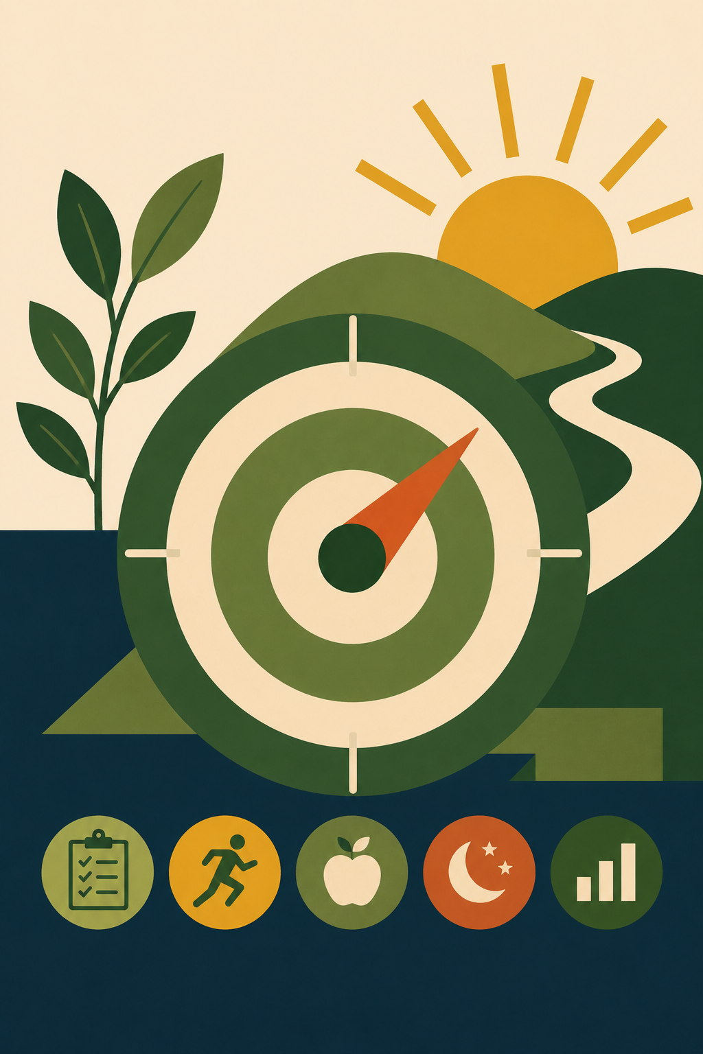 Illustration of a sunrise over green hills with a winding river, a branch with leaves, and a target with an arrow pointing to the right. At the bottom, icons depict a checklist, running, an apple, a crescent moon with stars, and signal bars.