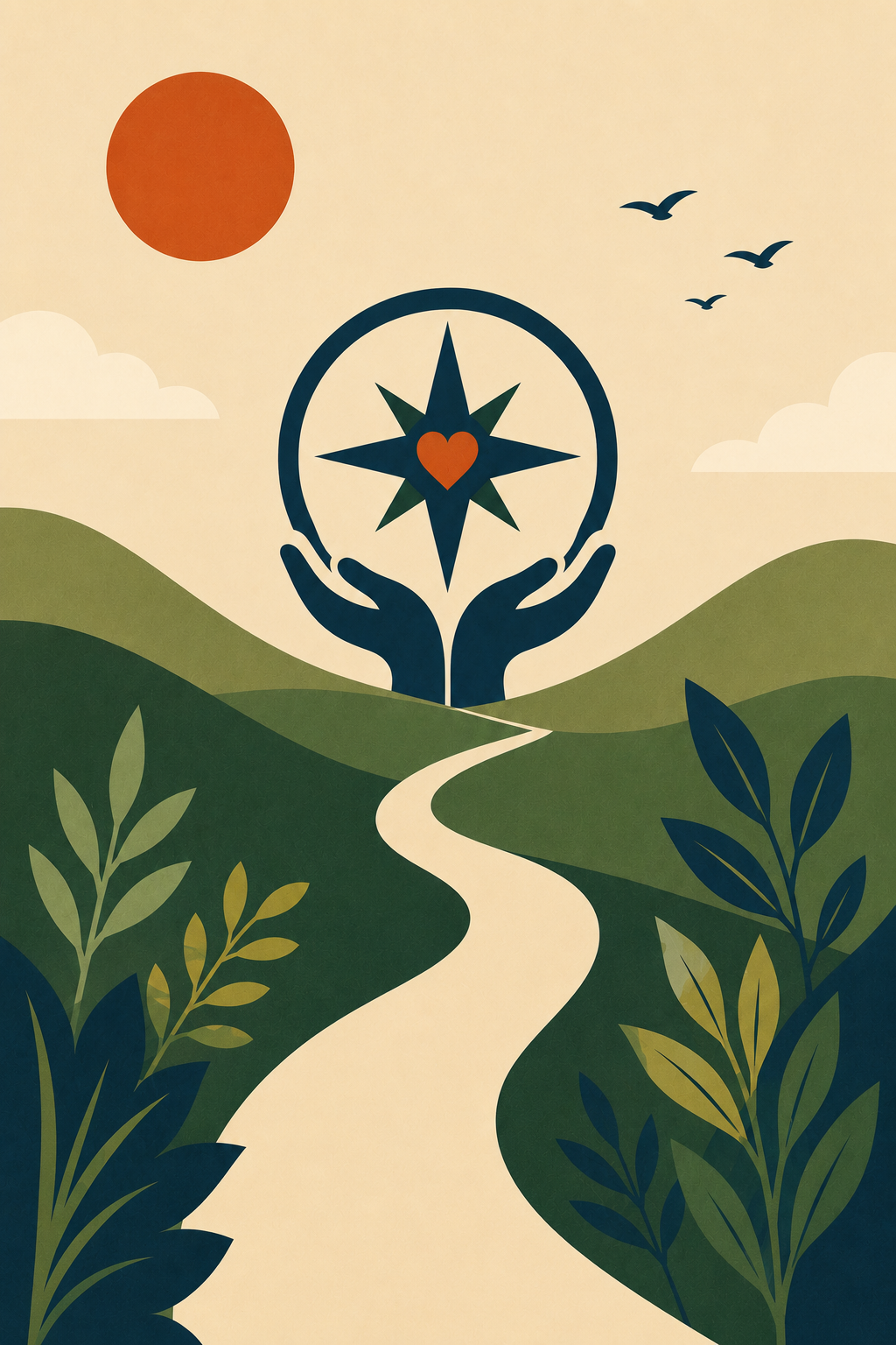 Stylized landscape with a winding path leading to a pair of hands holding a compass with a heart in the center, a red sun in the sky, clouds, and birds flying, surrounded by green hills and plants.