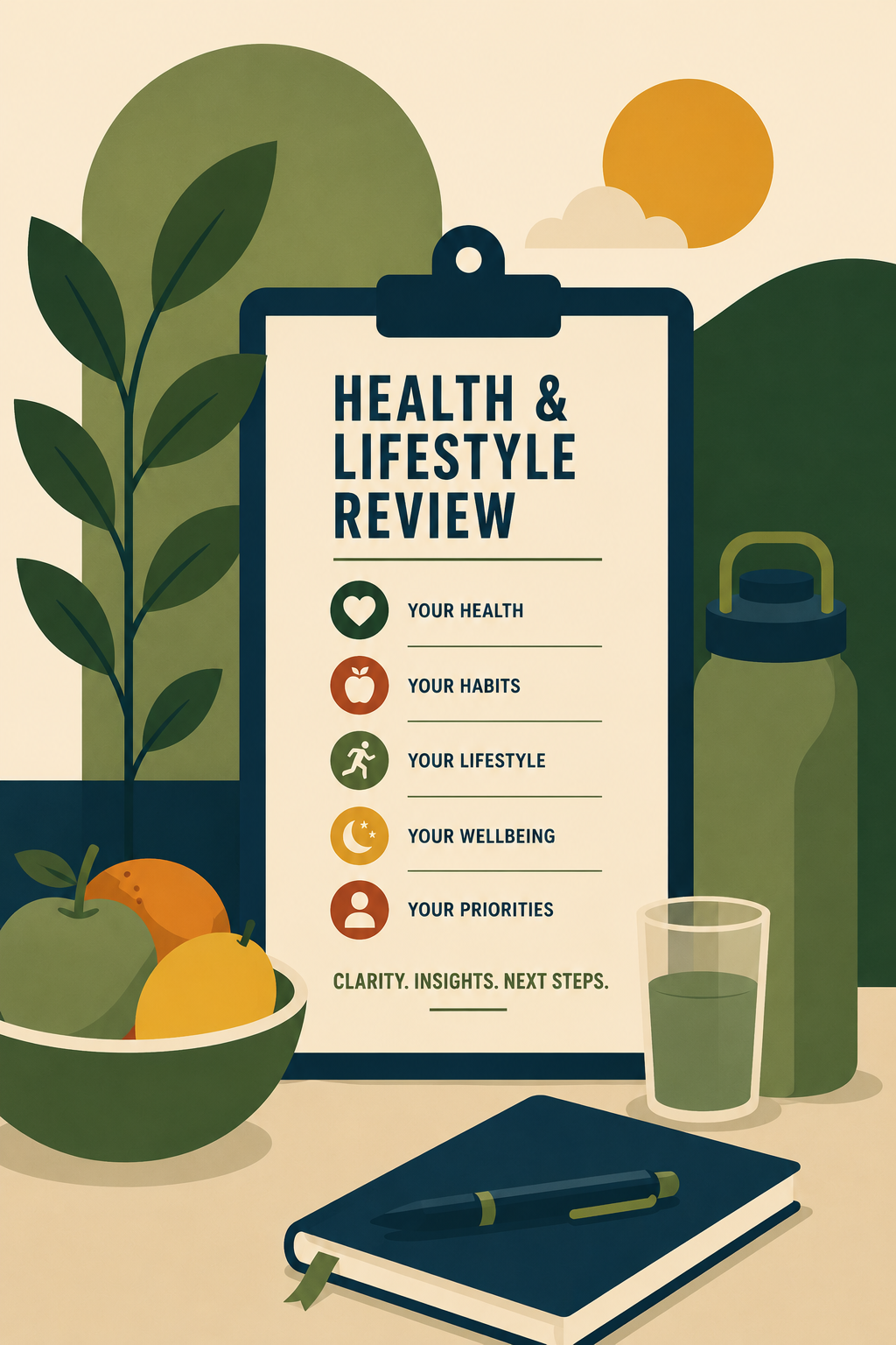 A poster titled 'Health & Lifestyle Review' with icons and lines for notes on health, habits, lifestyle, wellbeing, and priorities. Surrounding elements include a bowl of apples and oranges, a green water bottle, a glass of green juice, and a closed notebook with a pen. A sun and clouds are in the background.