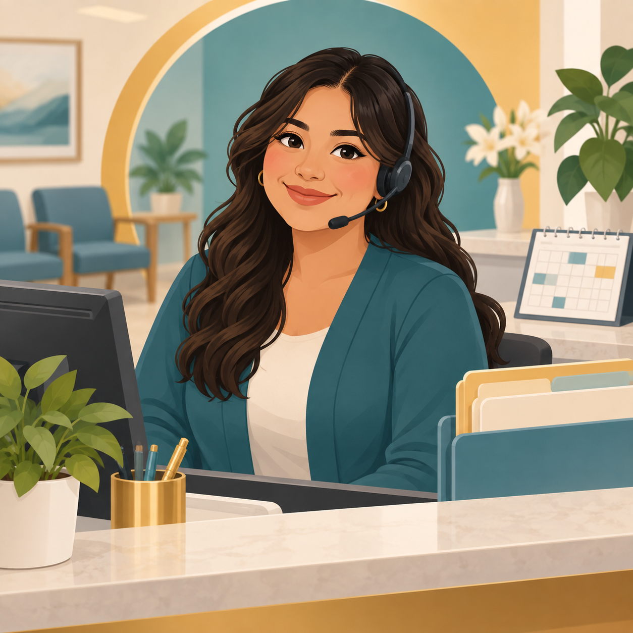 Illustration of Atziri, front desk, reception, and referrals coordinator