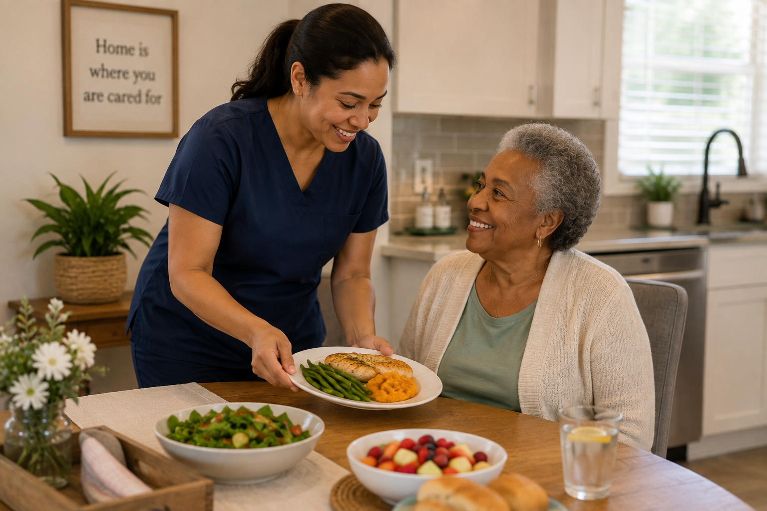 A caregiver in navy scrubs is serving a plate of food to an elderly woman with gray curly hair, who is sitting at a dining table in a cozy kitchen.