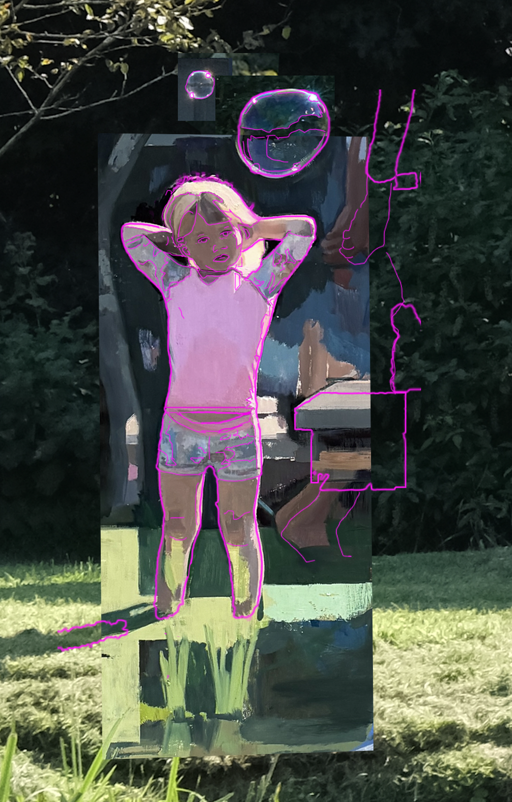 Drawing guide with bright pink lines tracing a child standing with hands behind their head and a bubble above them, layered over photographs and painted shapes.