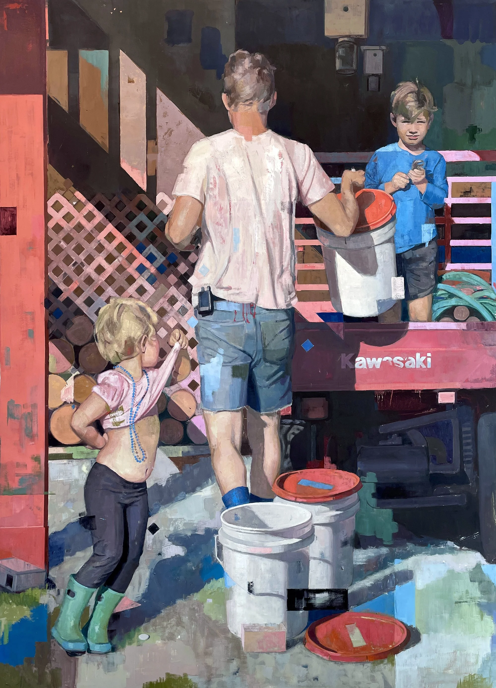 Painting of an adult carrying a bucket beside a utility vehicle, with a boy in the back and a girl standing nearby.