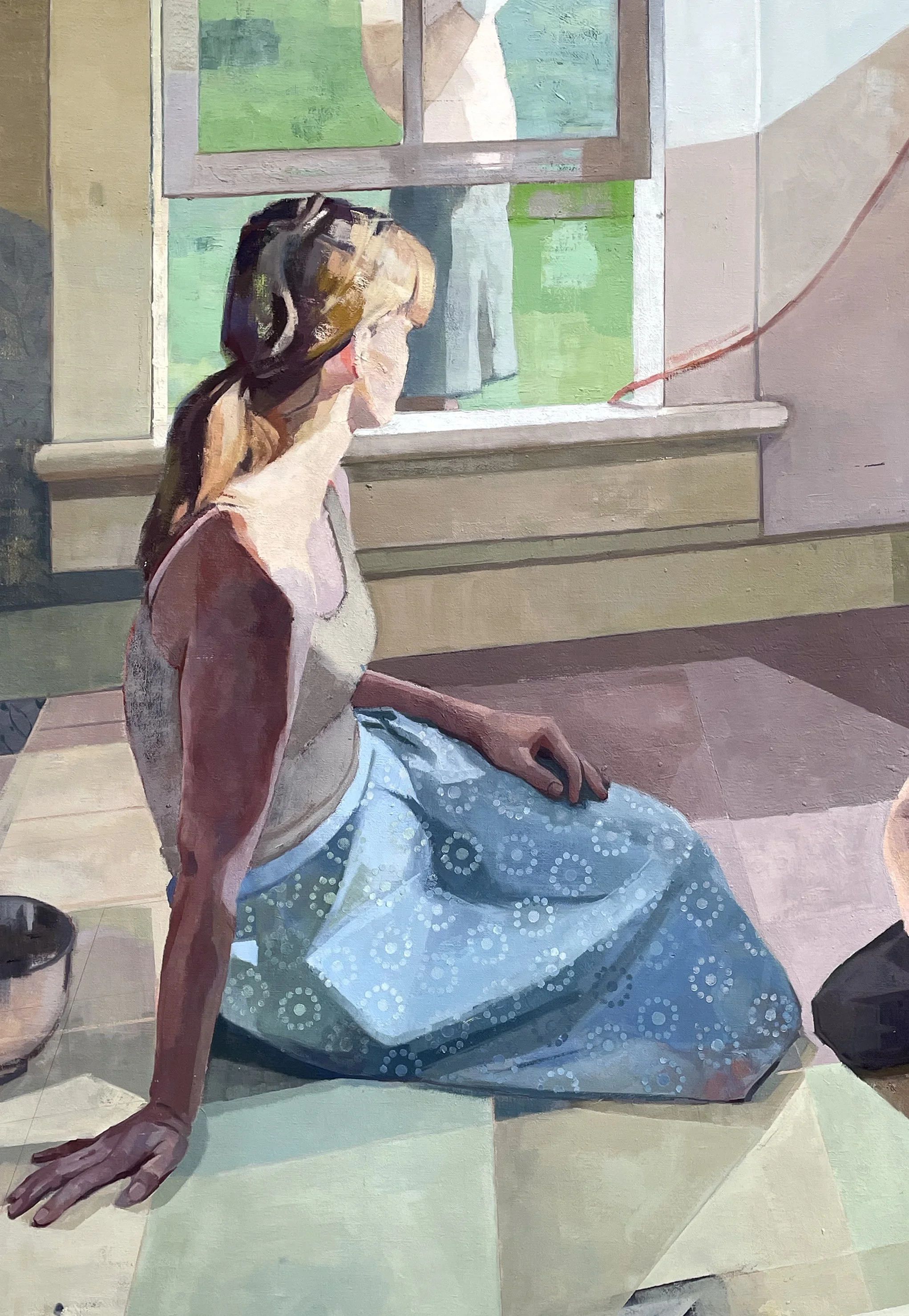 Detail of the painting showing the seated woman in a blue patterned skirt beside a window.