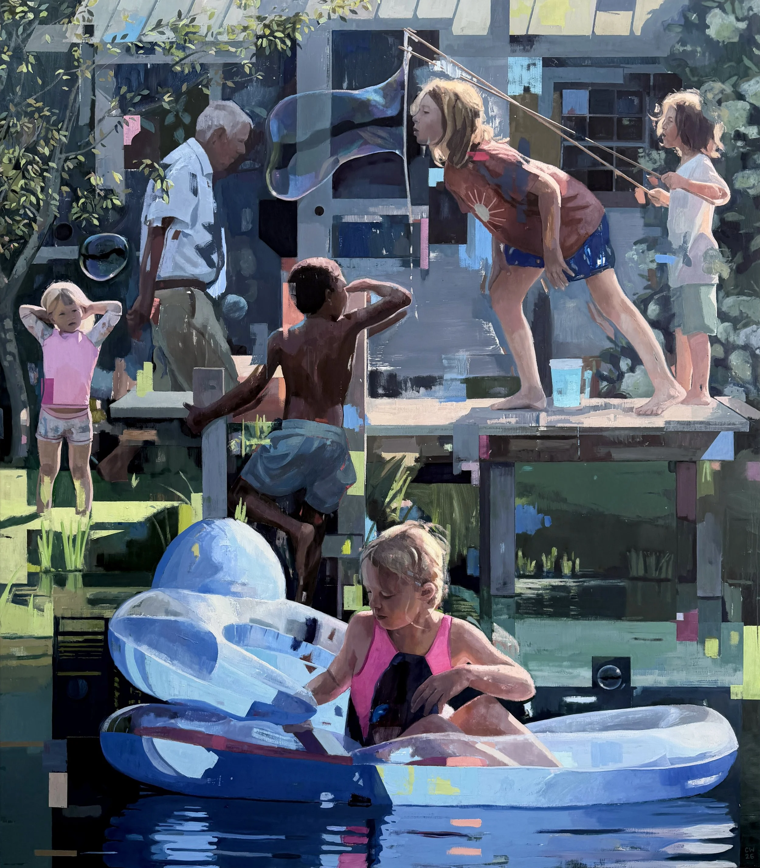 John’s Pond, painting of children playing with bubbles by a pond, with adults nearby and a blue inflatable boat in the foreground.