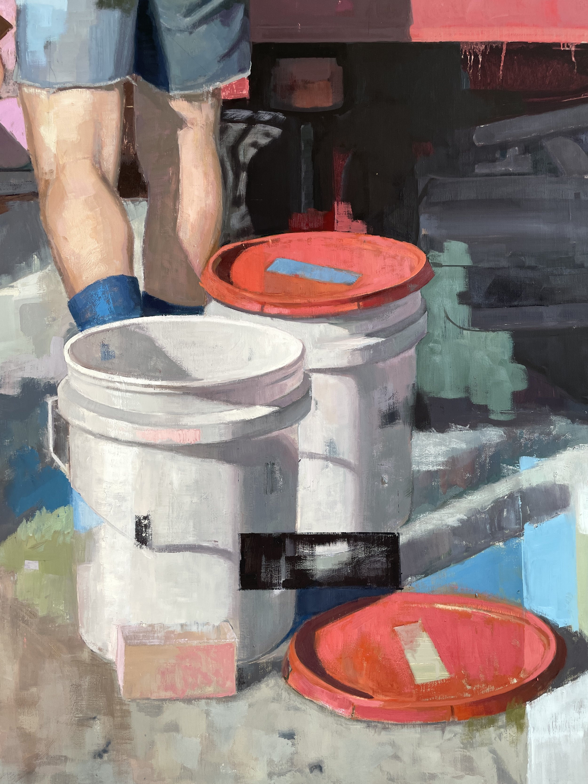 Detail of the painting showing two white buckets and several red lids on the ground.
