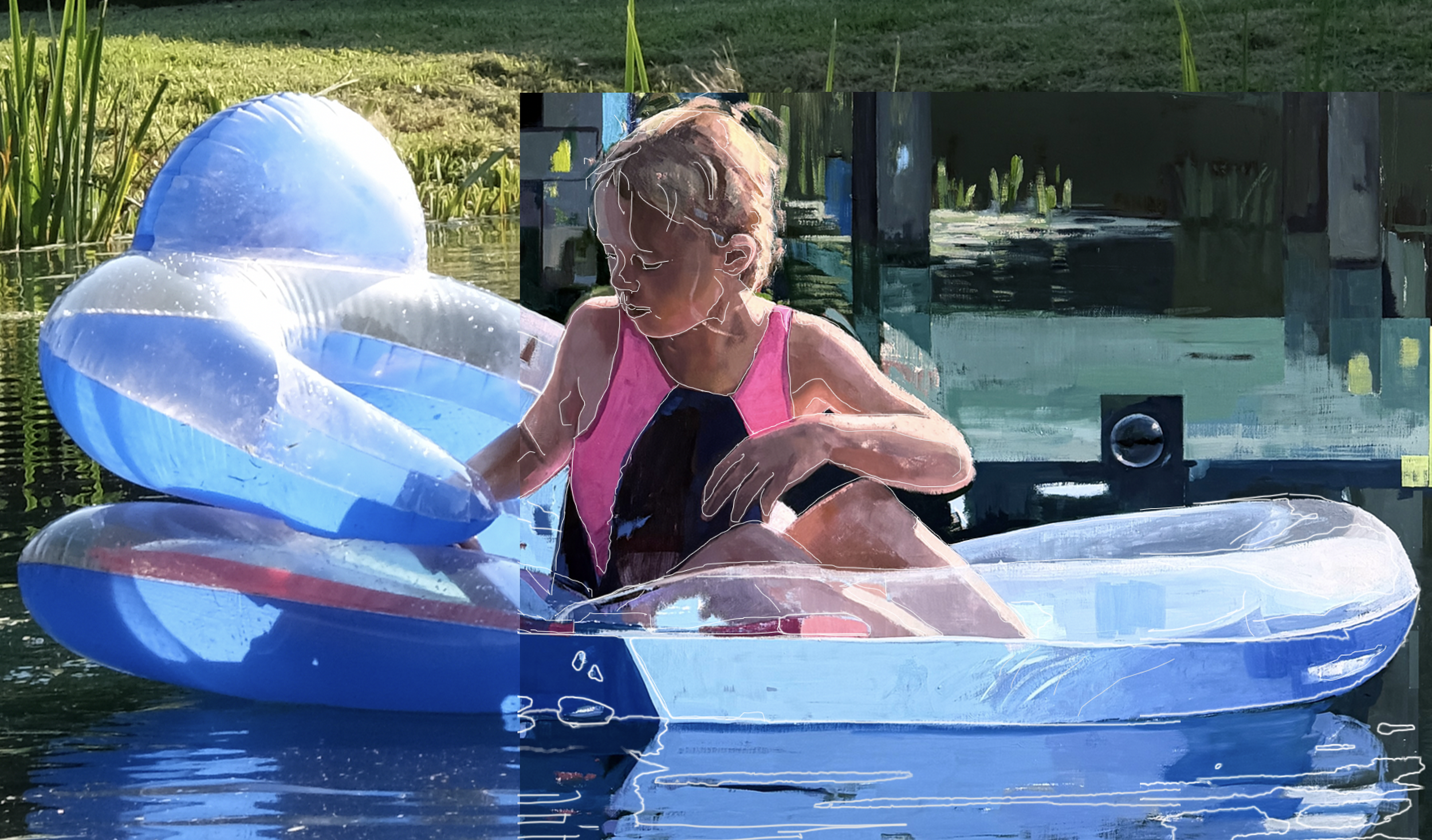 Partially painted study layered over a reference photograph of a child in a pink swimsuit sitting in a blue inflatable boat on a pond.