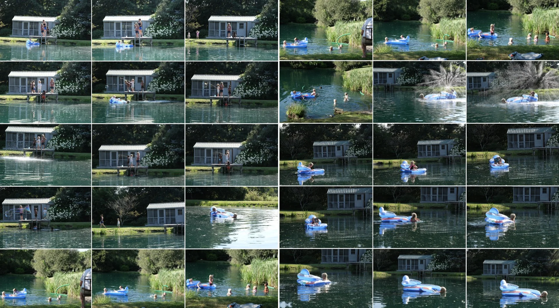 Grid of reference photographs showing people playing with bubbles on a dock, swimming, and floating in a blue inflatable boat on a pond beside a small building.