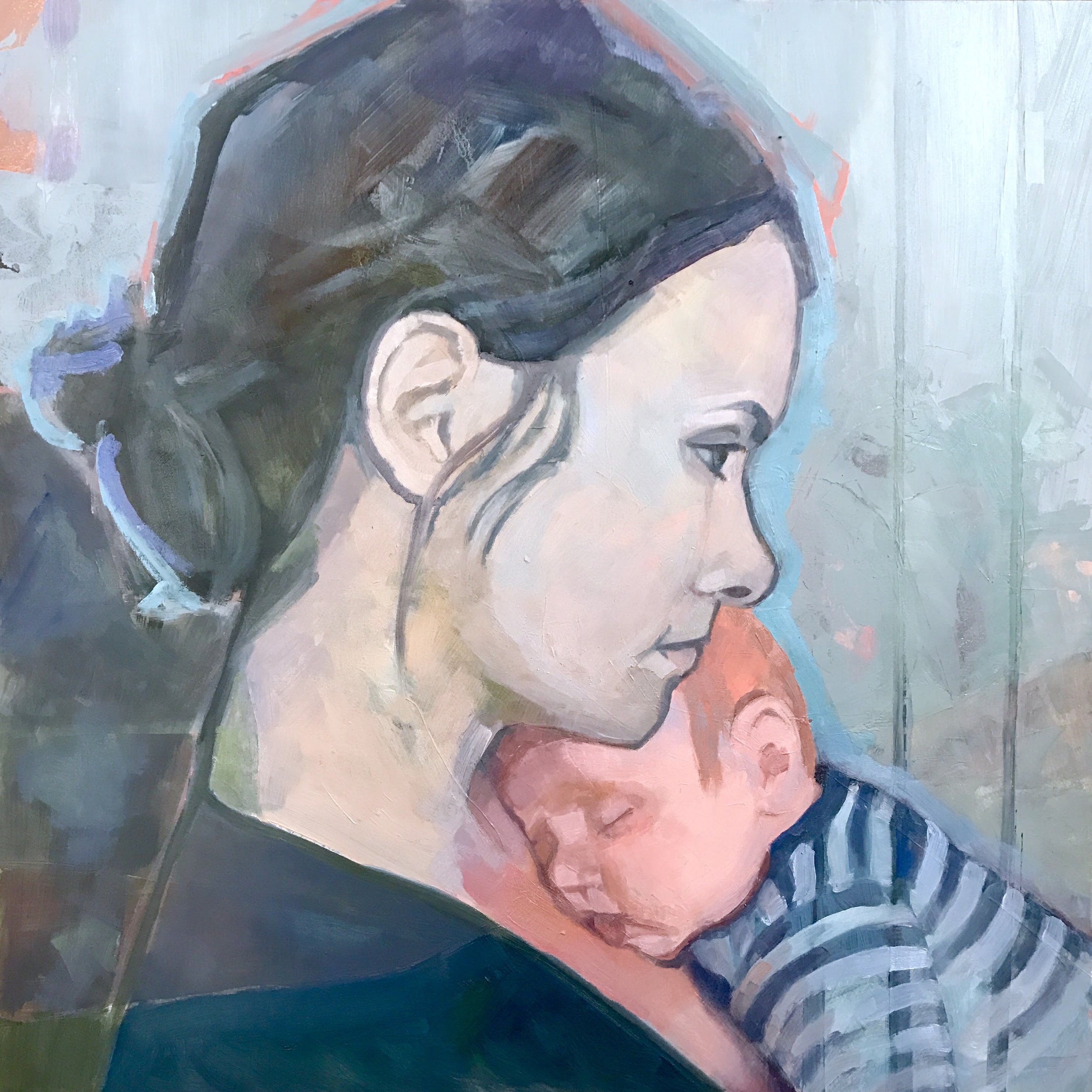 Caitlin Winner’s self-portrait of a mother holding her sleeping baby against her chest.