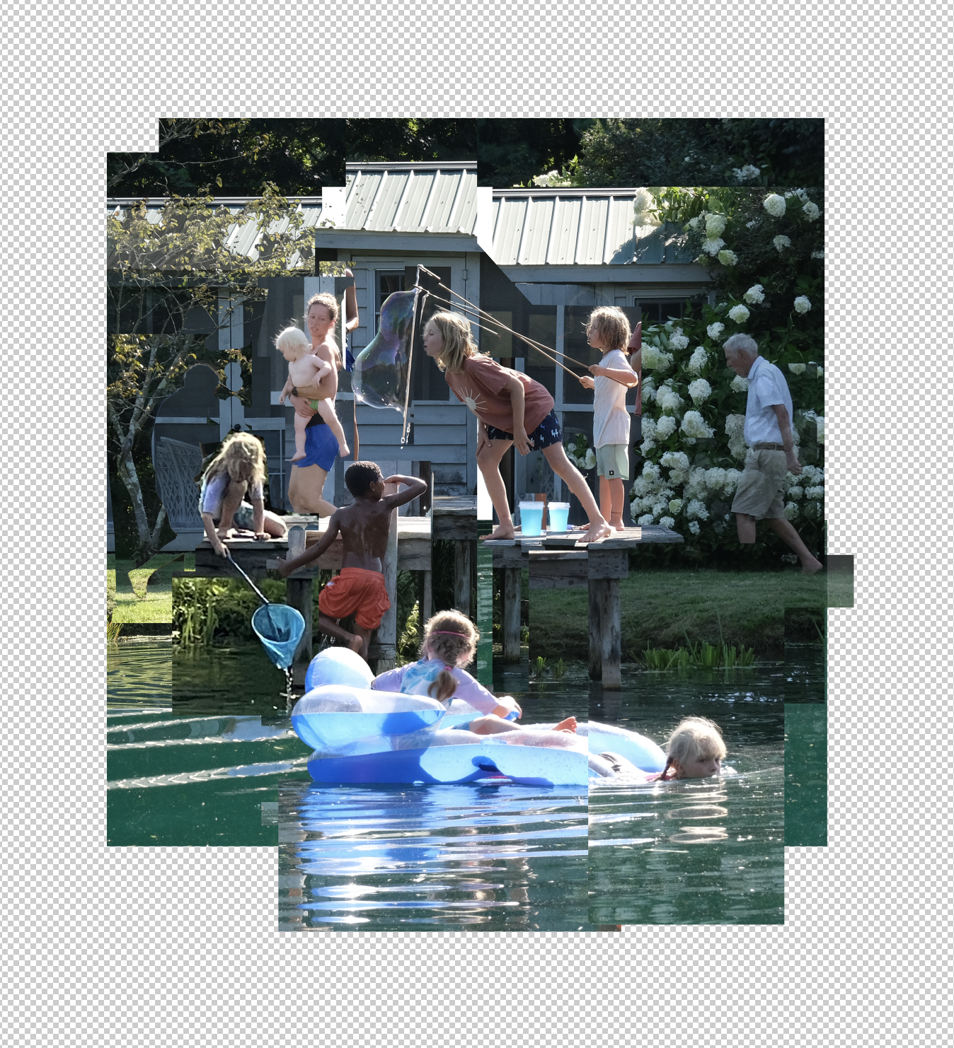 Digital collage of overlapping reference photographs showing adults and children playing with bubbles on a dock and swimming beside a blue inflatable boat.