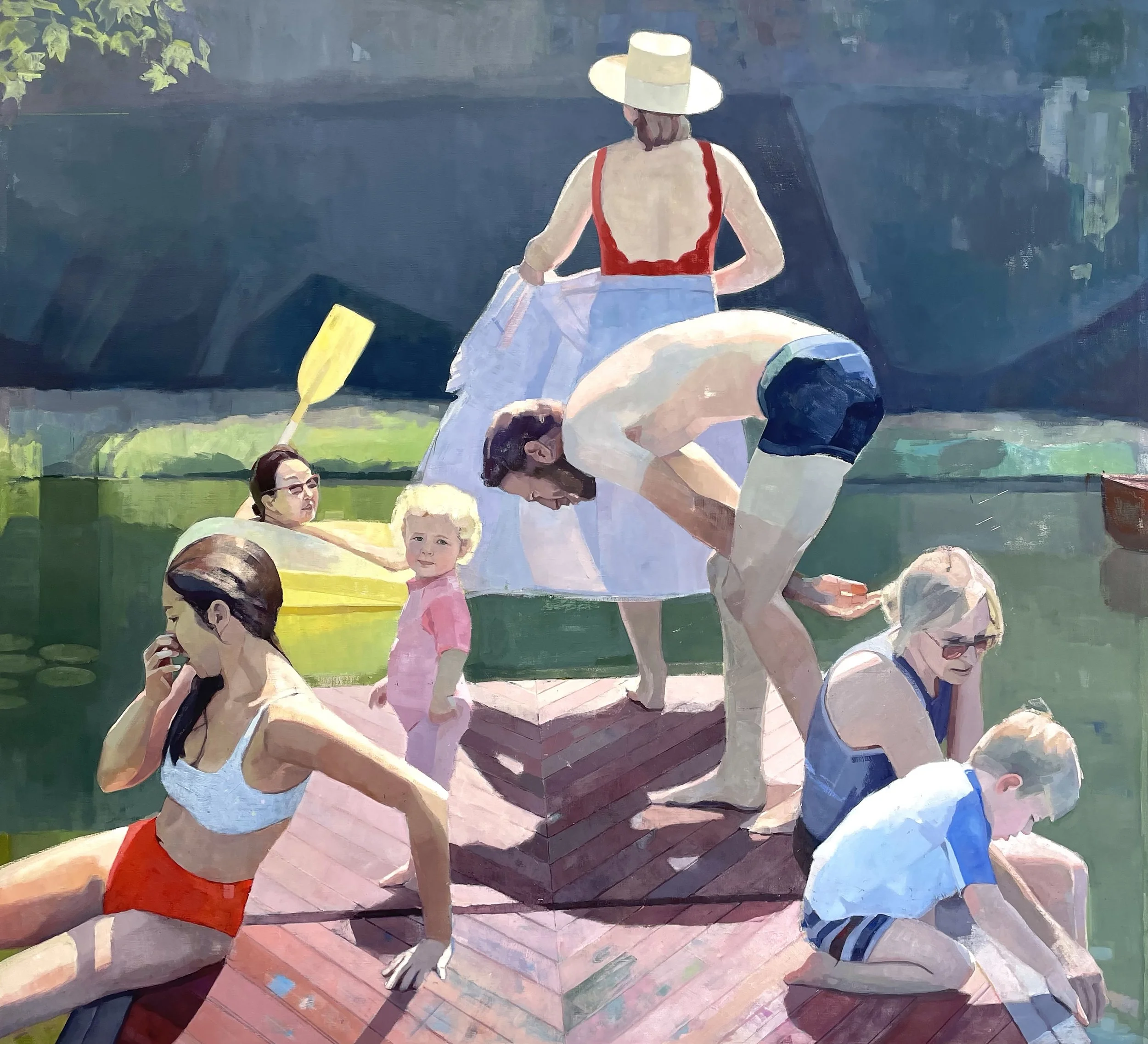 Painting of adults and children gathered on a wooden dock by a lake, with a yellow kayak nearby.