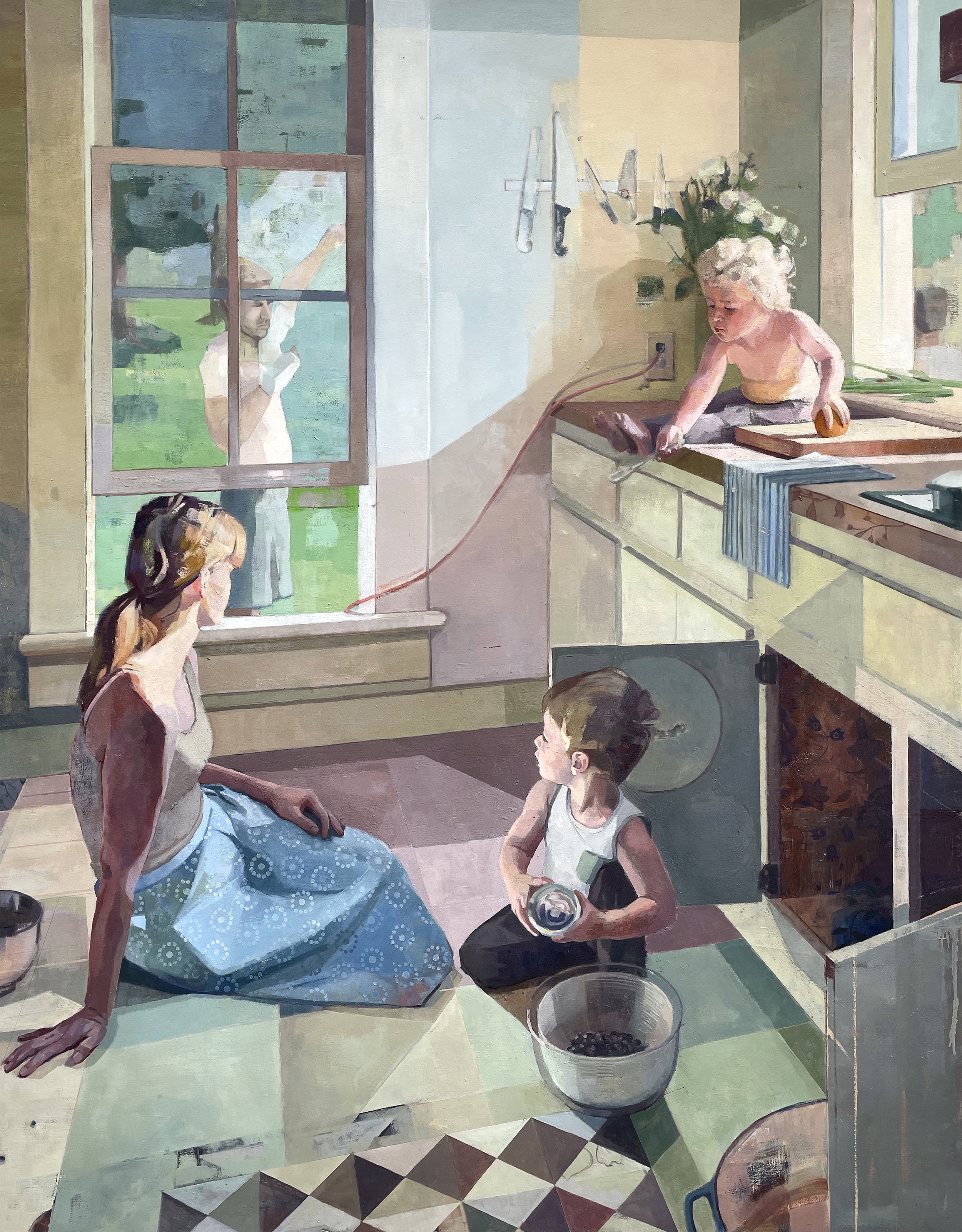 Painting of a woman and child sitting on a kitchen floor, a toddler on the counter, and a man looking in through the window.