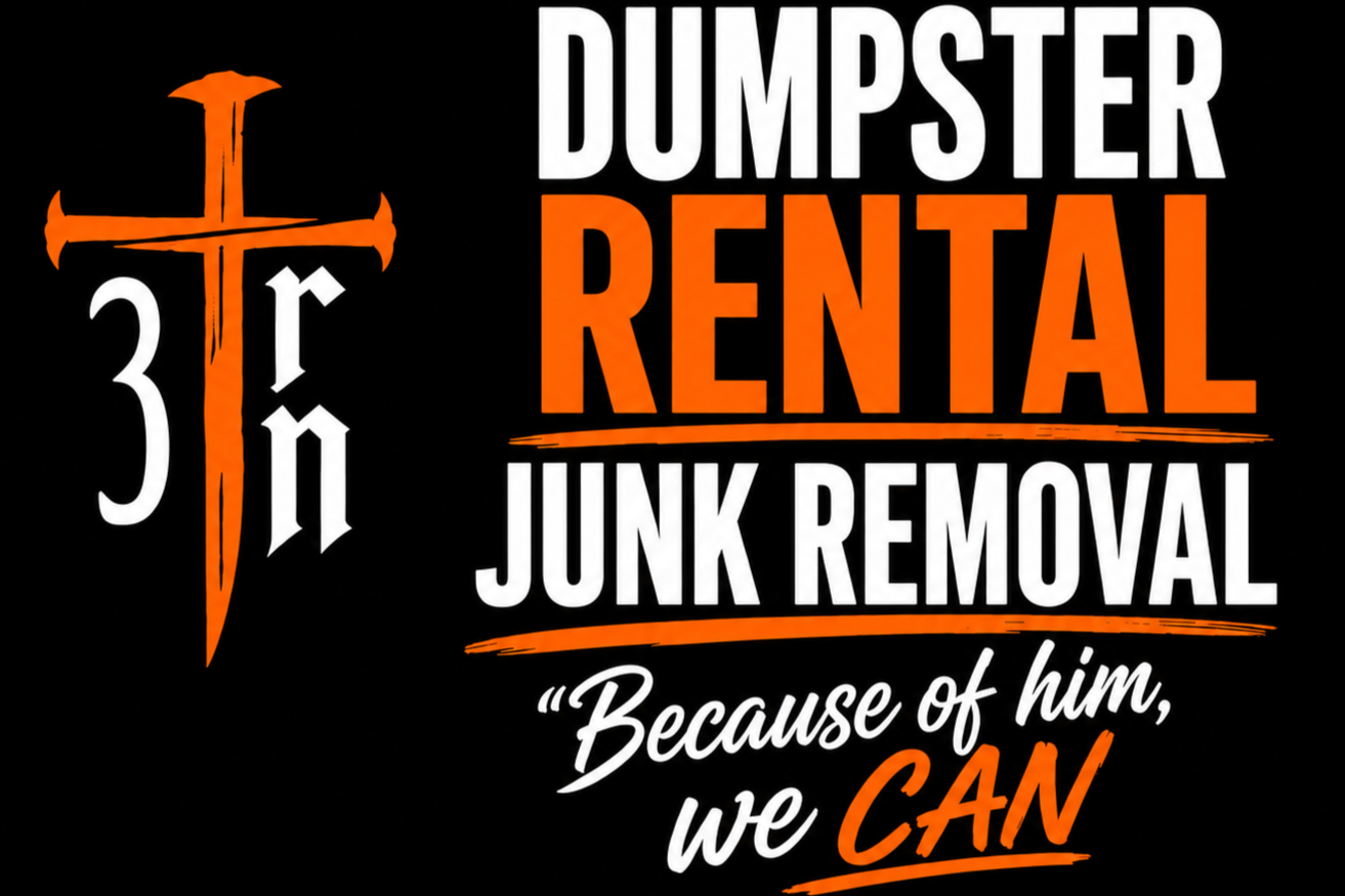 Black background with bold white and orange text advertising Dumpster Rental and Junk Removal services, featuring a sword and cross logo.