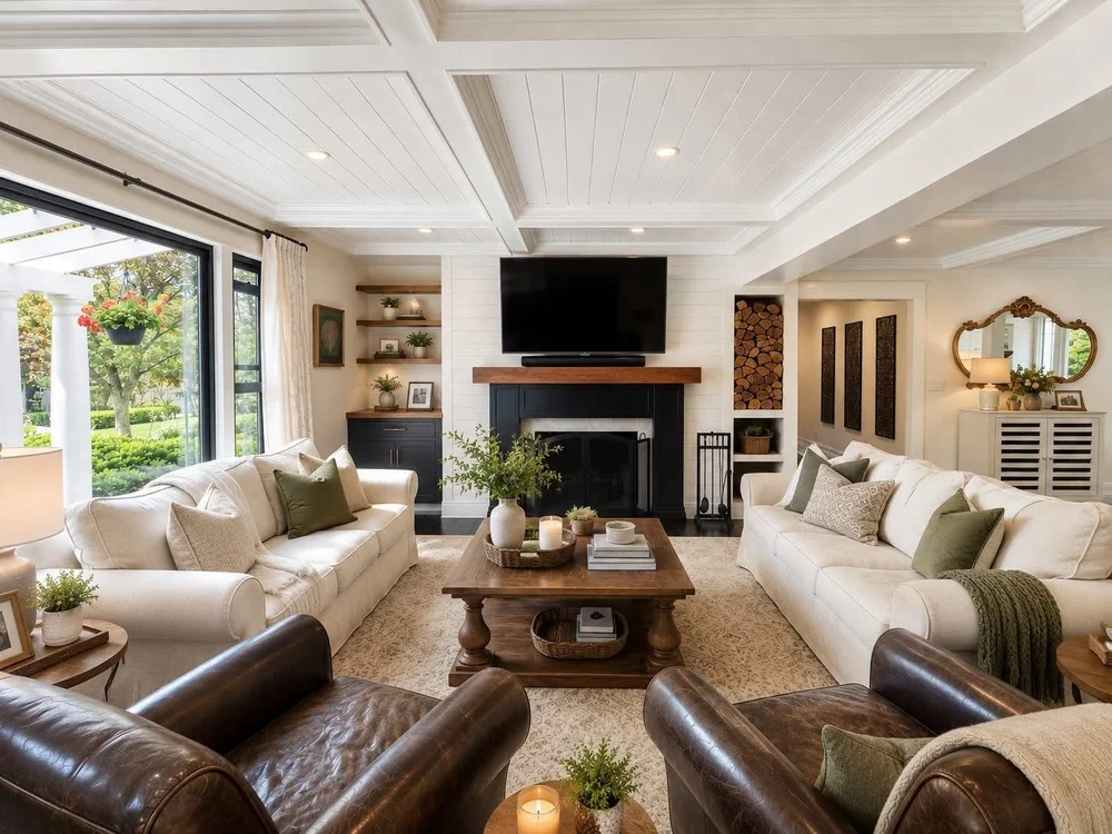 The open living room at Oceanside Escape, with deep sofas and leather armchairs.