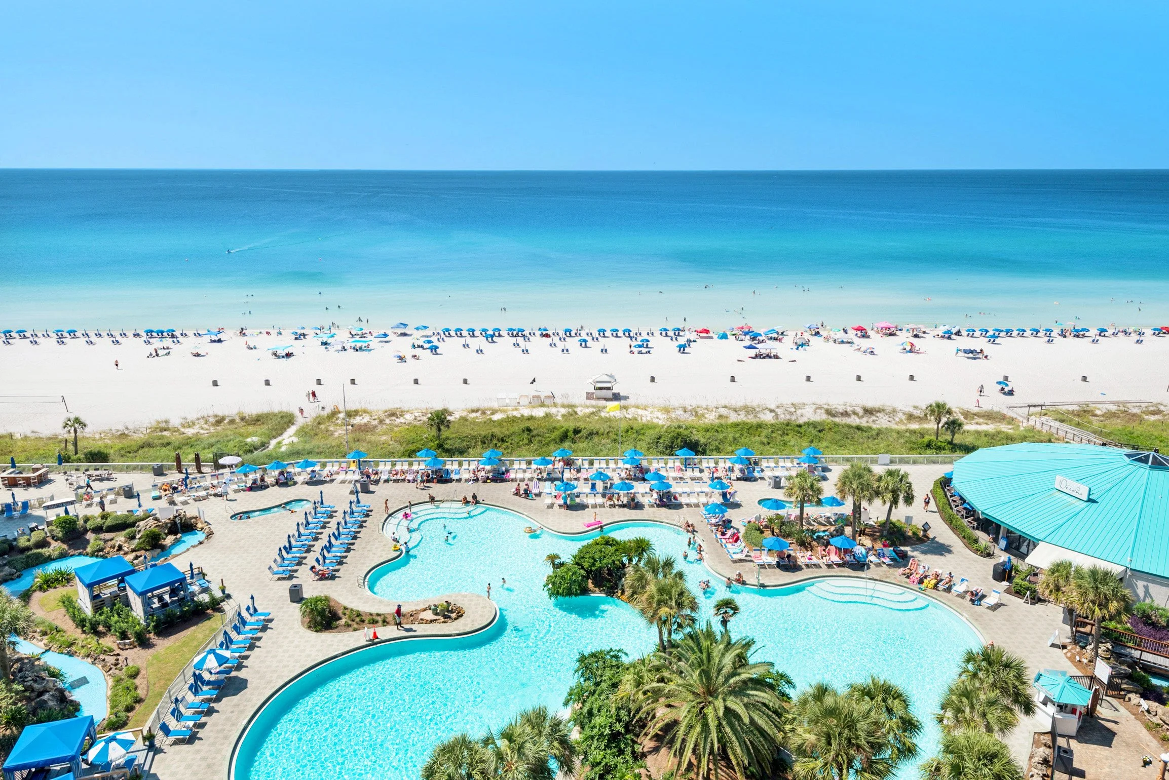 A crowded beach and pool area with blue umbrellas, lounge chairs, and a swimming pool surrounded by palm trees and greenery, with a sandy beach and ocean in the background.